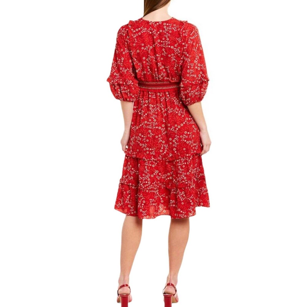 Max Studio Red Floral Bubble Crepe Knee Length Cottagecore Style Dress Size XS - Picture 2 of 8